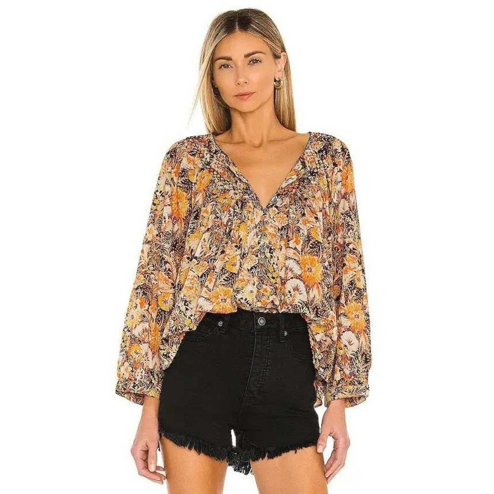 Free People Floral V-Neck Long Sleeve Blouse in Mustard & Black